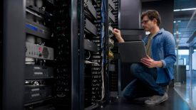 IT support technician fixing a network server at an office - technology concepts