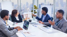 Woman manager is showing annual report chart to her African American colleagues in the executive meeting for next year plan with city skyline background for global business and investment